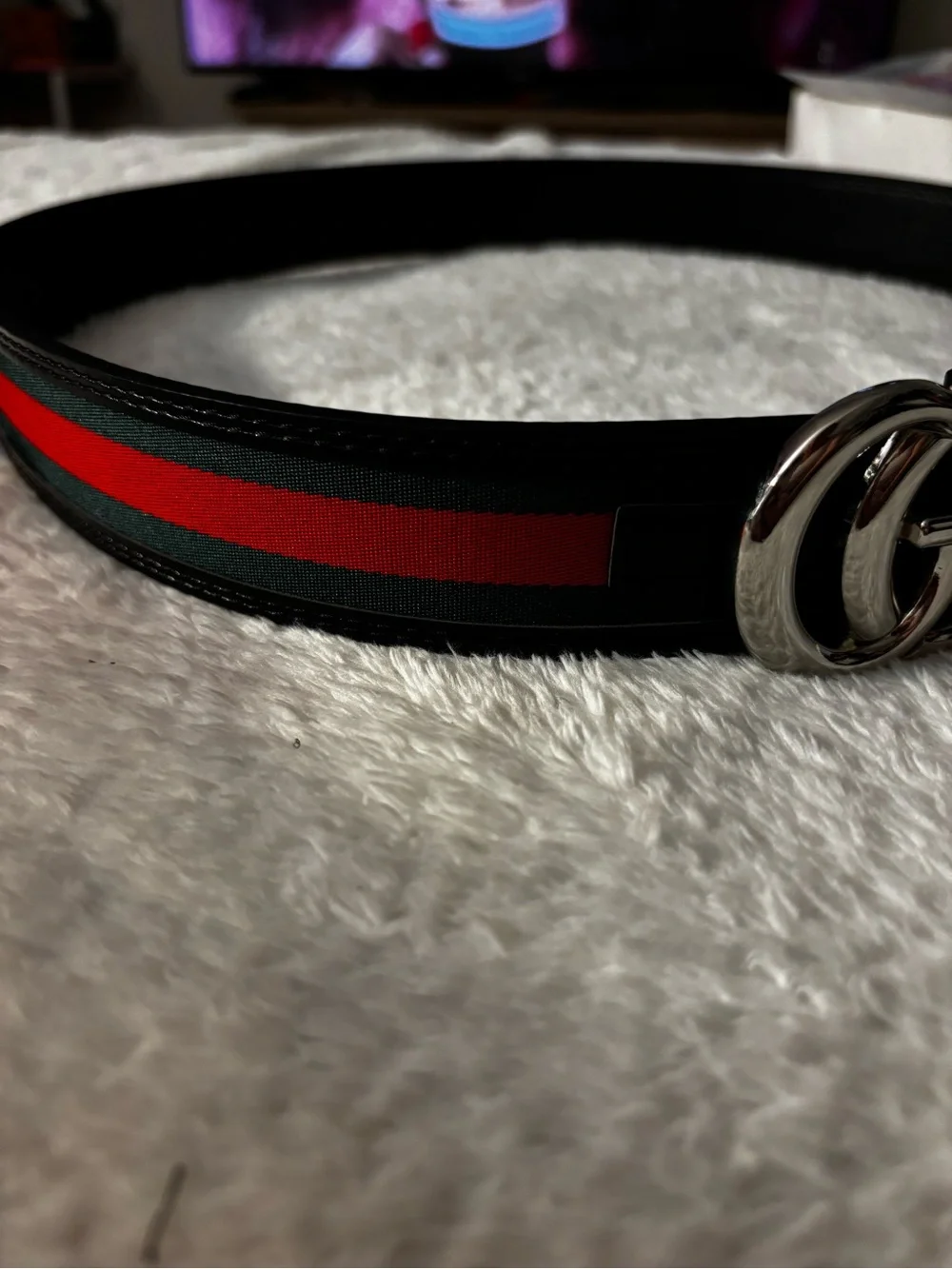 New !! Men’s Web Stripe Belt with Double G Buckle - Black/Green/Red